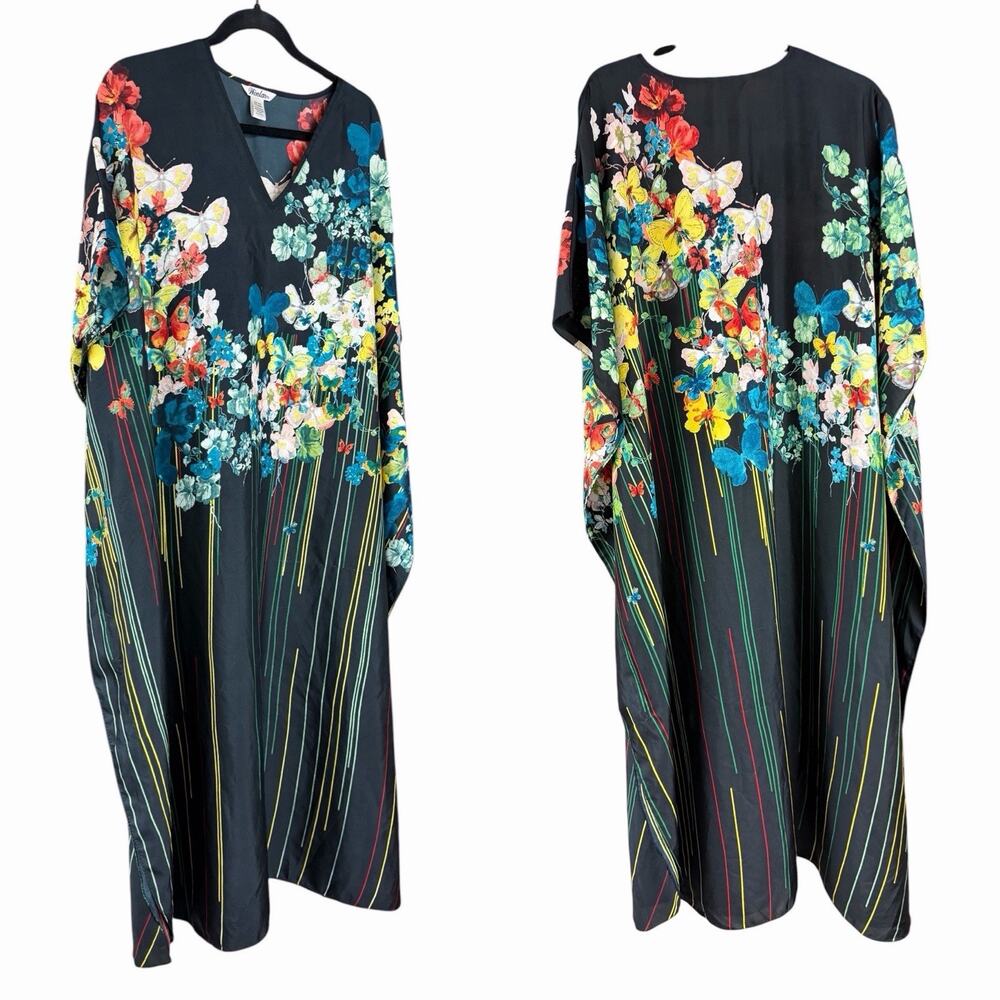Winlar Floral Kaftan Dress One Size Butterfly Boho Maxi Caftan Black V Neck